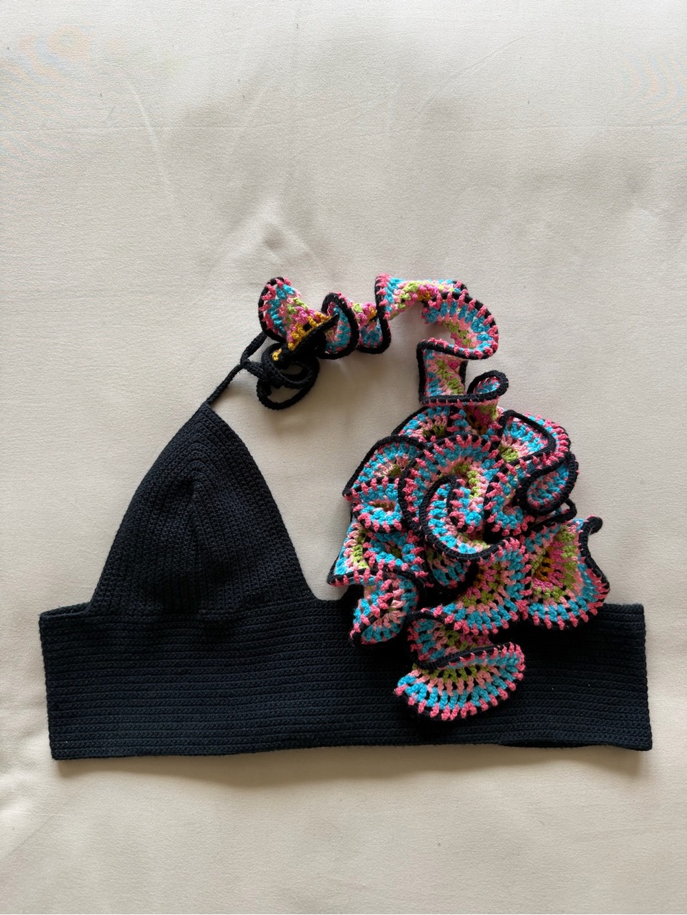 Black Crochet Halter Crop Top with Multicolor Ruffle Detail